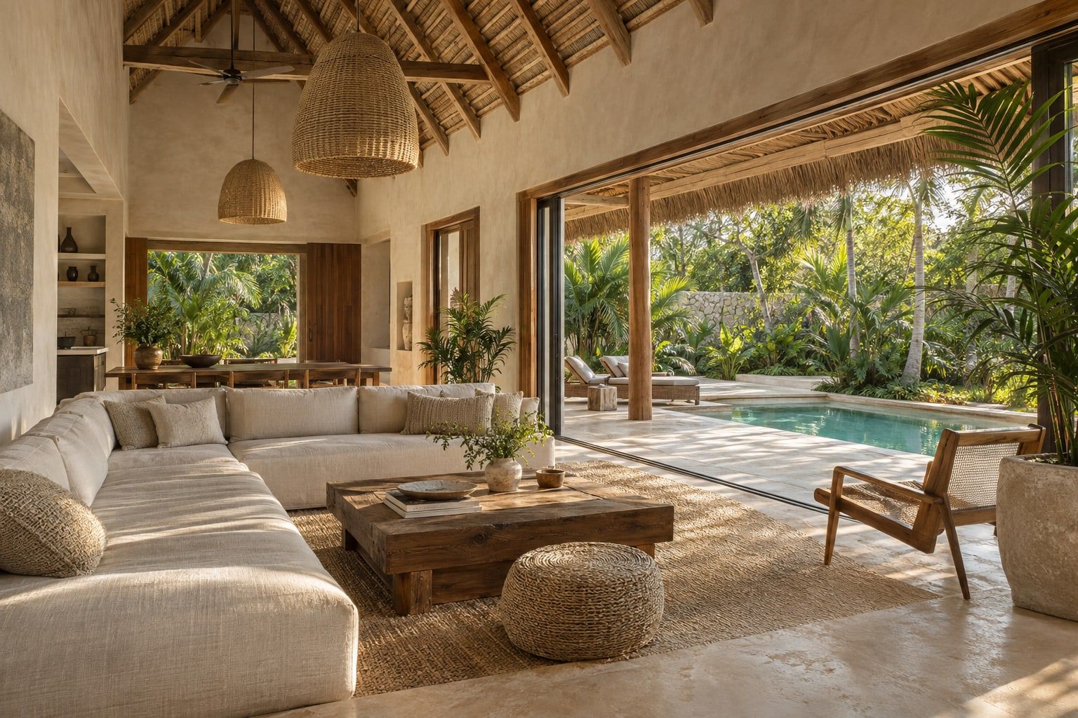 A villa interior with a timber ceiling and a view of a tropical garden