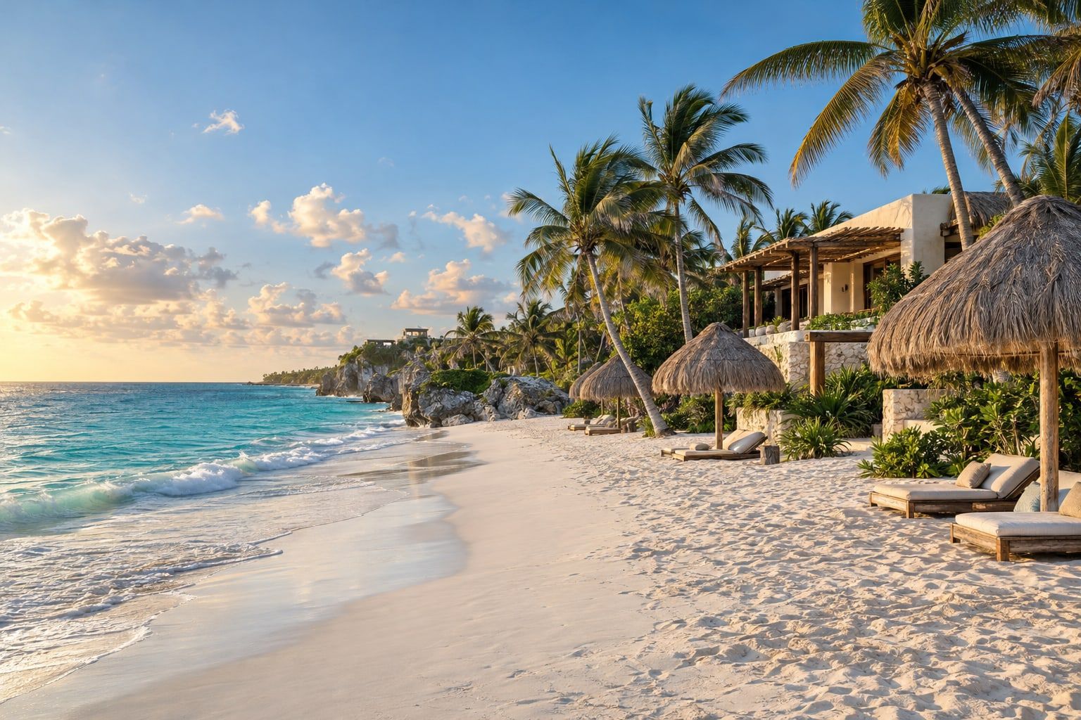 A white beach and the turquoise Caribbean Sea in Tulum